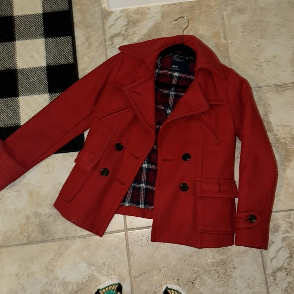 Thick double lined warm American eagle outfitters red pea coat - Picture 3 of 9